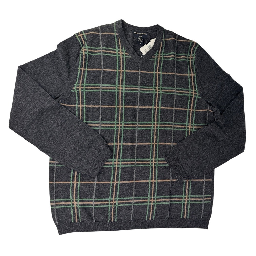 Banana Republic Mens Merino Wool V-Neck Sweater Charcoal Grey Plaid M NWT